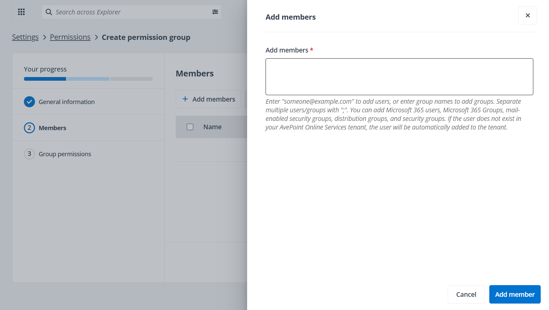 The Add members panel. The Add members panel.