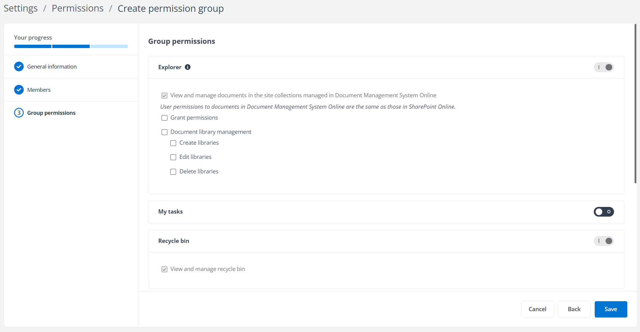 Group permissions step. Group permissions step.