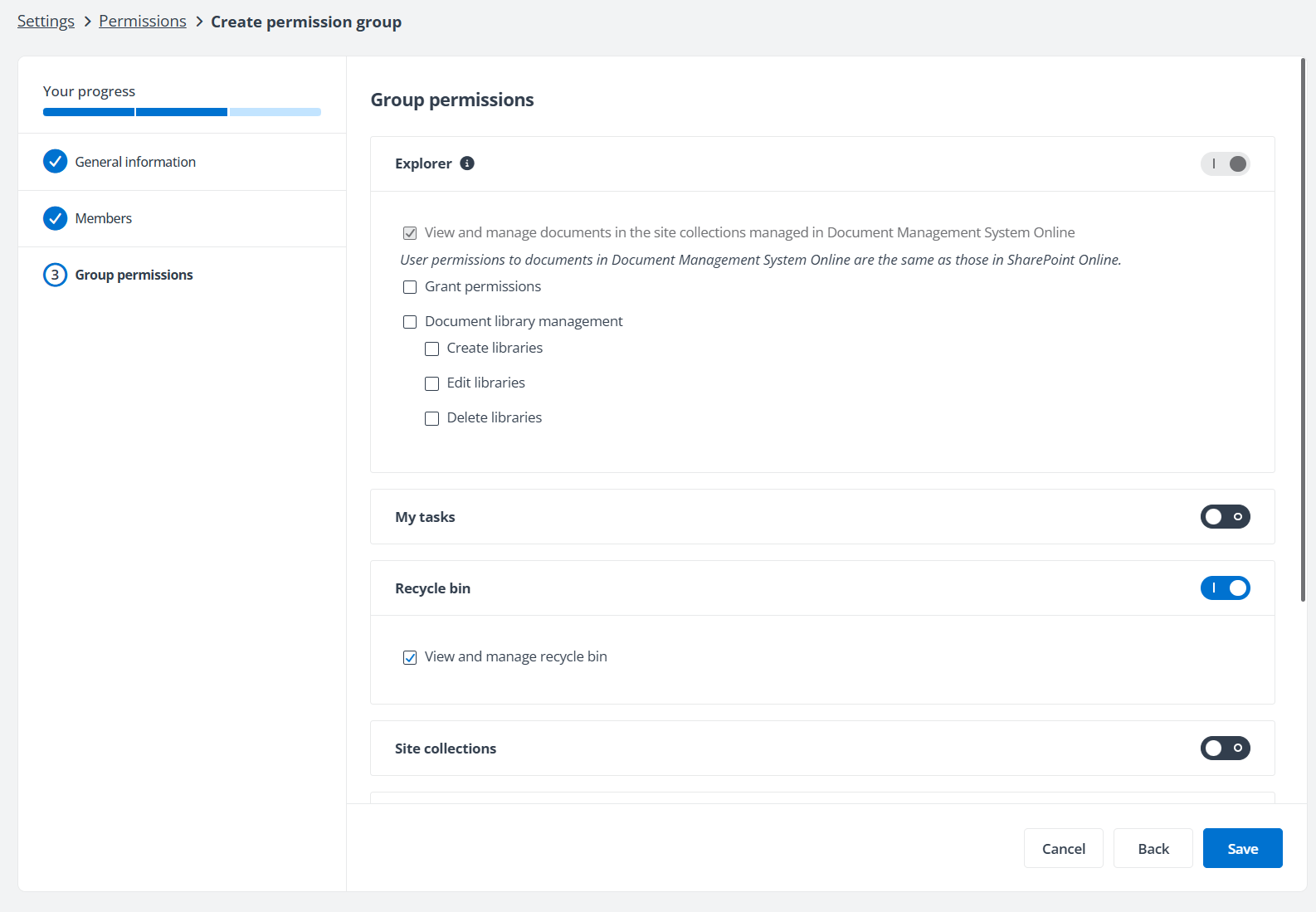 Group permissions step. Group permissions step.