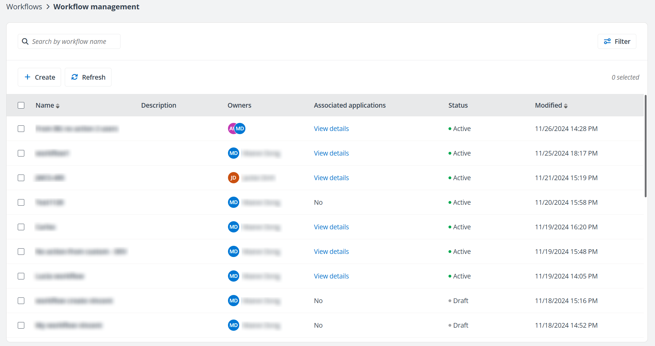 Workflows management page. Workflows management page.
