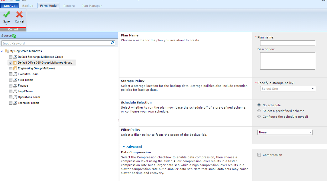 Exchange Online Backup Plan Builder.