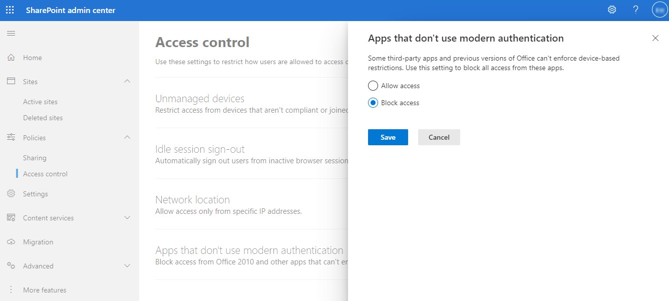 Block access from apps that do not use modern authentication Block access from apps that do not use modern authentication