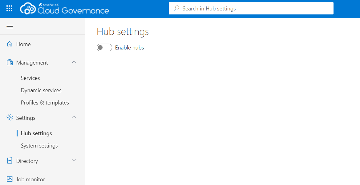 The Hub settings section in the modern Cloud Governance admin center.