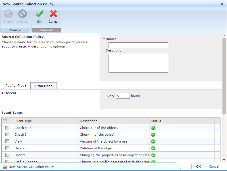 The New Source Collection Policy window.