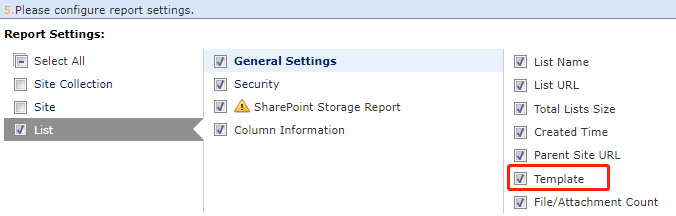 Select the Template option for list level report settings.