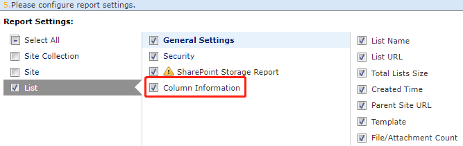 Select the Column Information option for list level report settings.