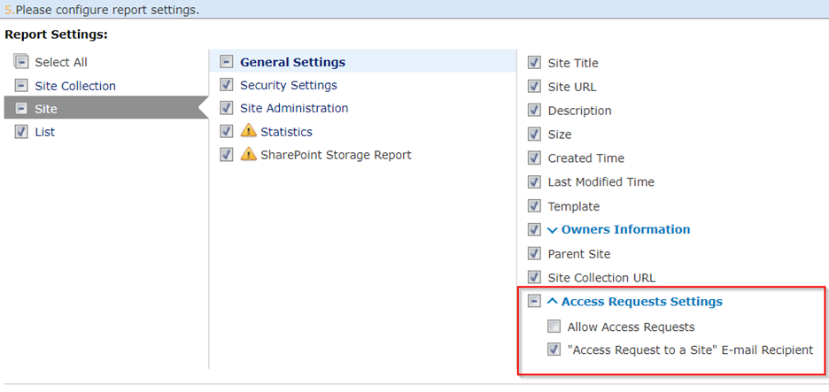 The report settings for Access Requests Settings.