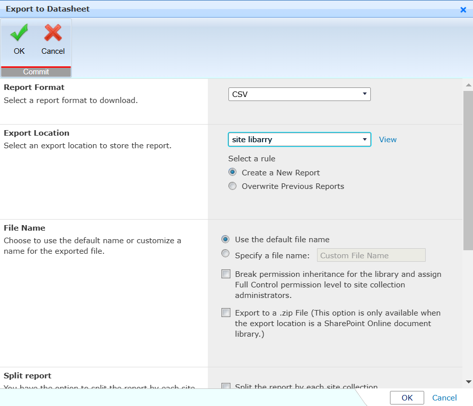 The Export to Datasheet window. 