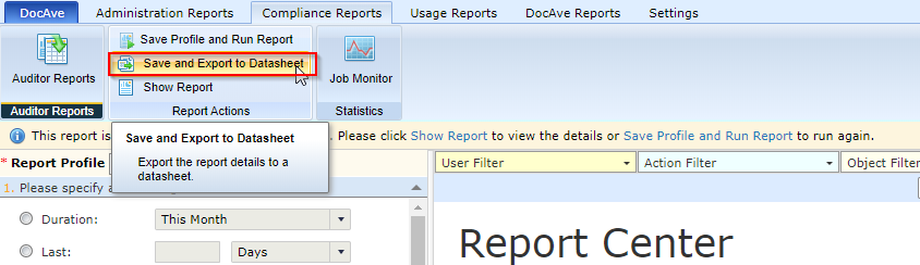 The Save and Export to Datasheet button on the ribbon.
