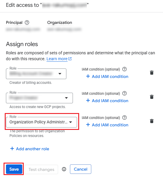 Editing a principal to add the Organization Policy Administrator role.