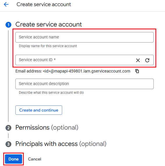 Configuring a service account and client ID.