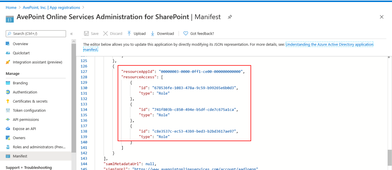 Granting permissions on the Manifest page.
