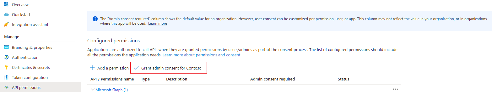 Granting admin consent to an app in App registrations.