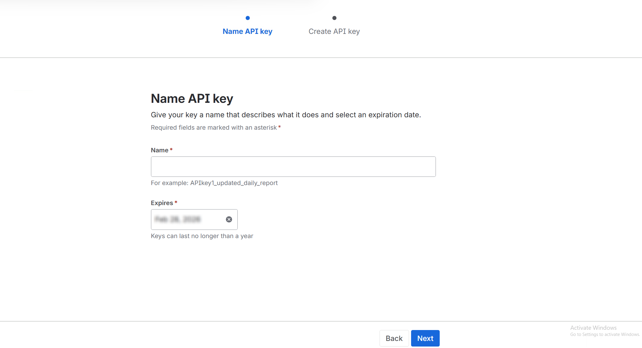 Enter a key name, configure the expiration date, and click Next.