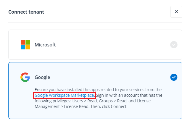 Clicking the Google Workspace Marketplace link to access the AvePoint Tenant Management app.