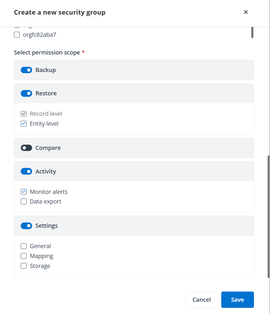The configuration in the Select permission scope section.
