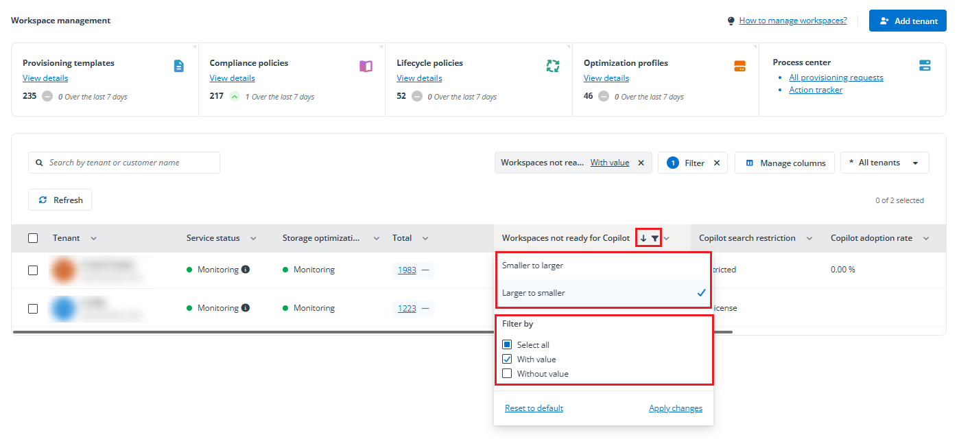 Sorting and filter functionalities.
