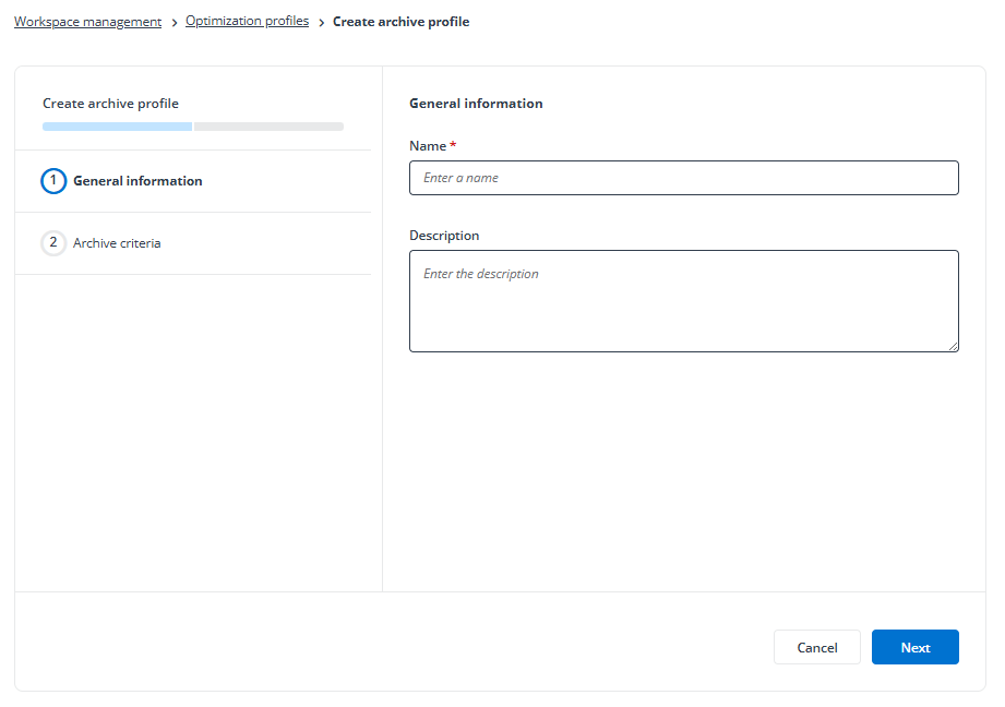 The Create archive profile page. The Create archive profile page.