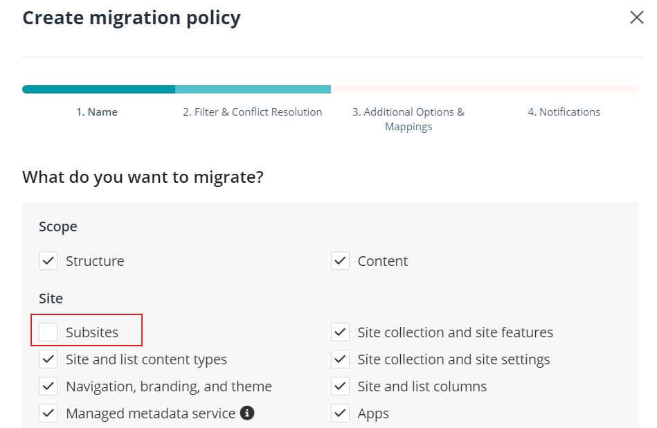 Subsites checkbox.