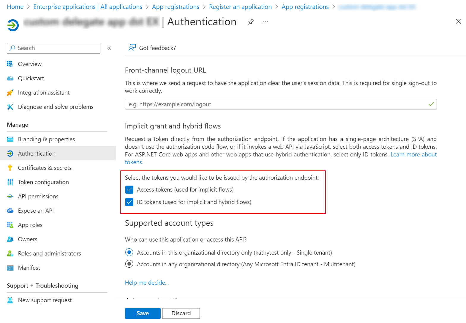 Access tokens and ID tokens checkboxes.