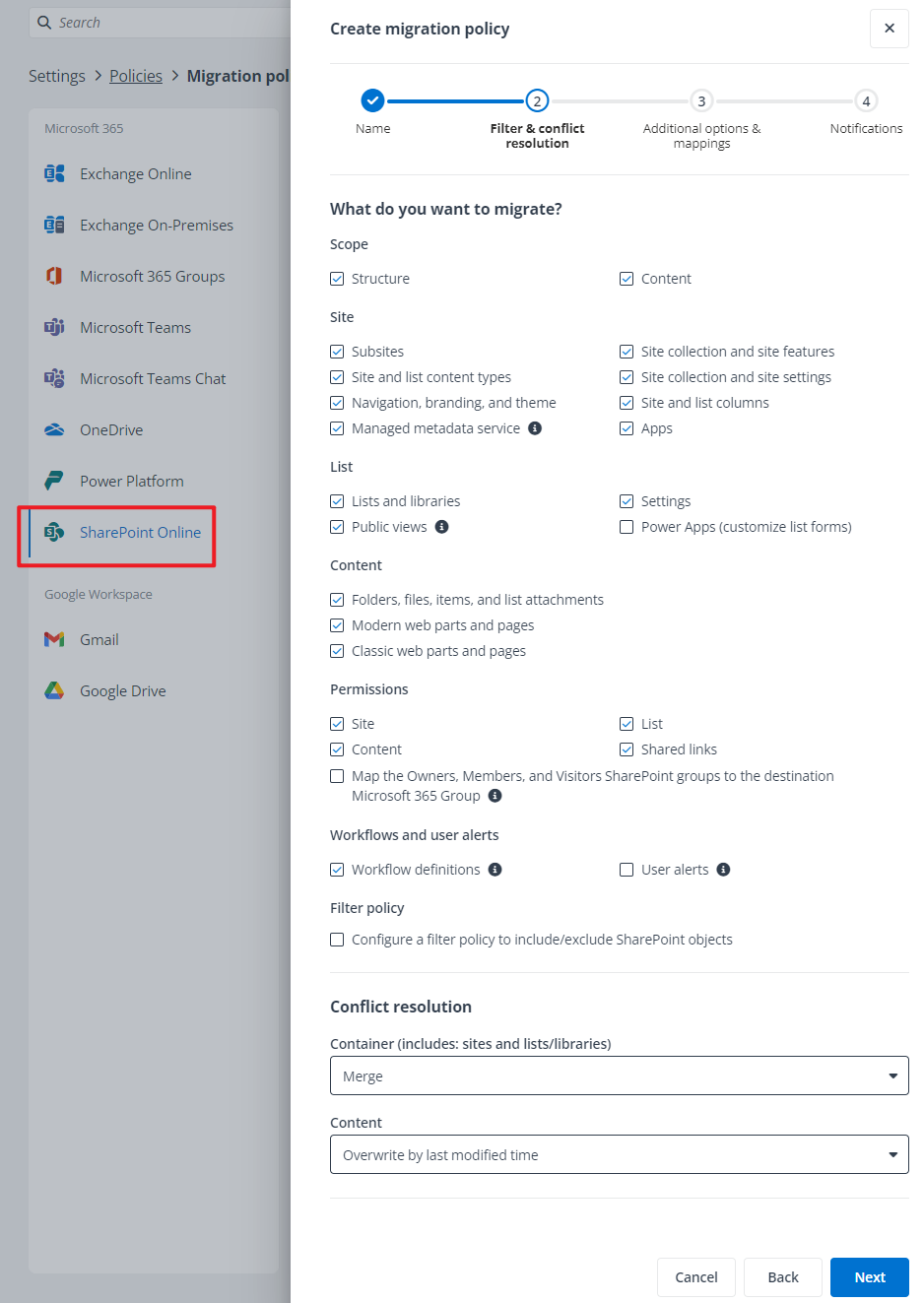 SharePoint data that will be migrated