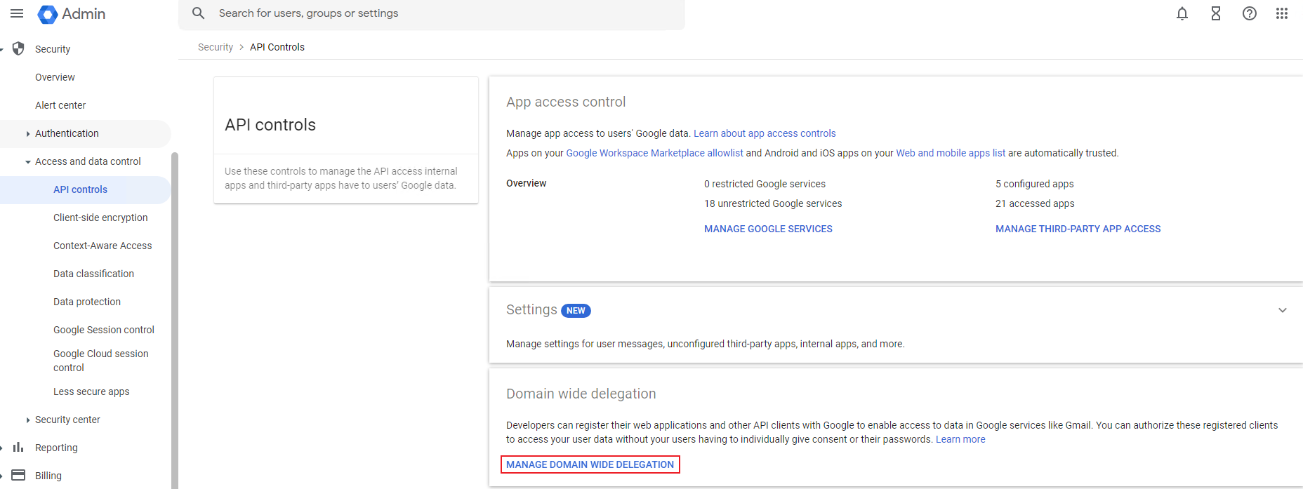 Clicking MANAGE DOMAIN WIDE DELEGATION. Clicking MANAGE DOMAIN WIDE DELEGATION.