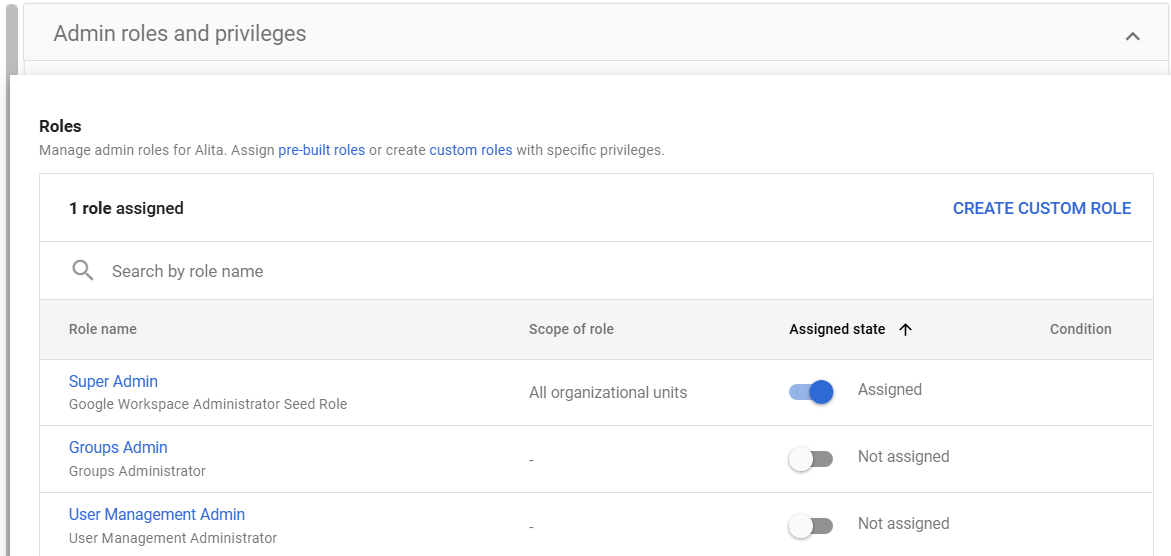 Assigning roles to an Admin account.