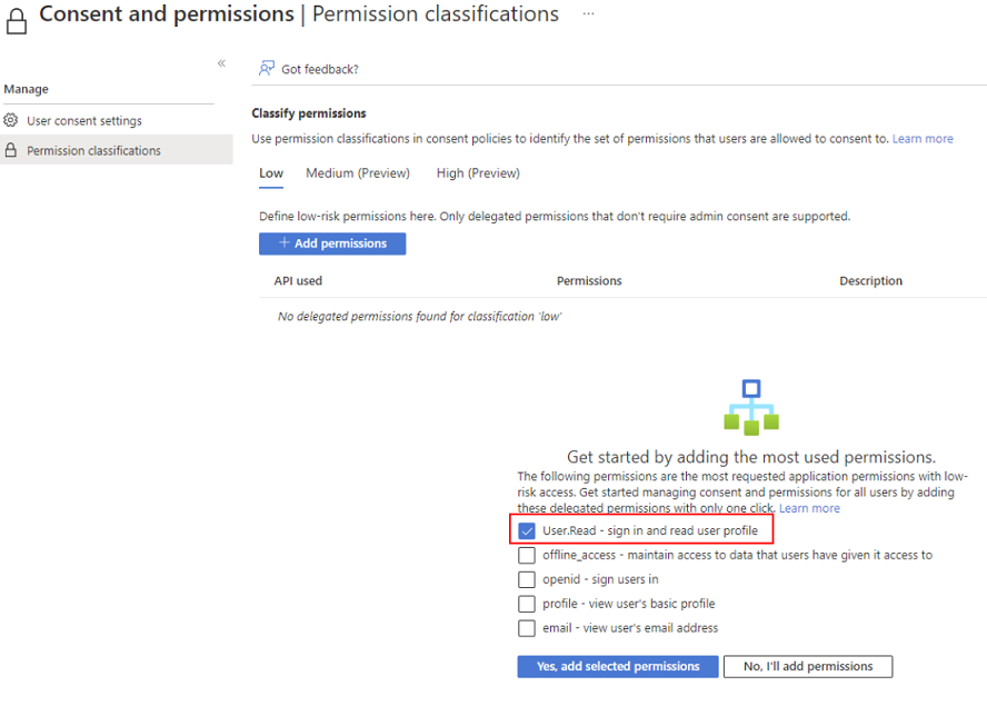 Adding User.Read – sign in and read user profile permission. Adding User.Read – sign in and read user profile permission.