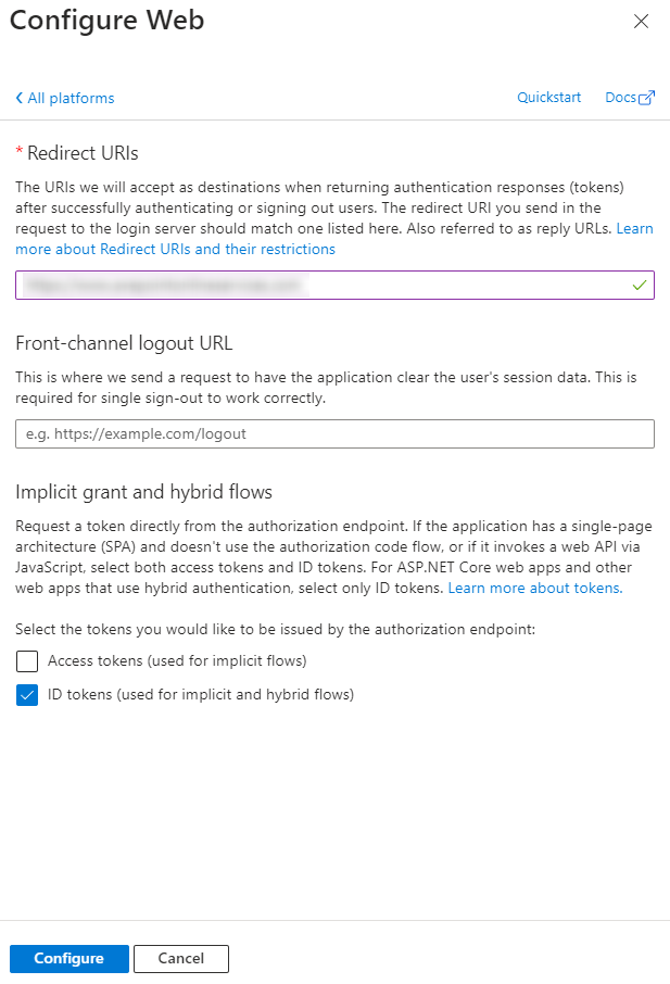 Configuring Redirect URIs and ID tokens settings. Configuring Redirect URIs and ID tokens settings.