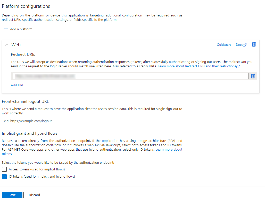Configuring Redirect URIs and ID tokens settings. Configuring Redirect URIs and ID tokens settings.
