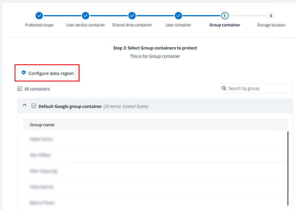 Configuring a data region for selected containers.