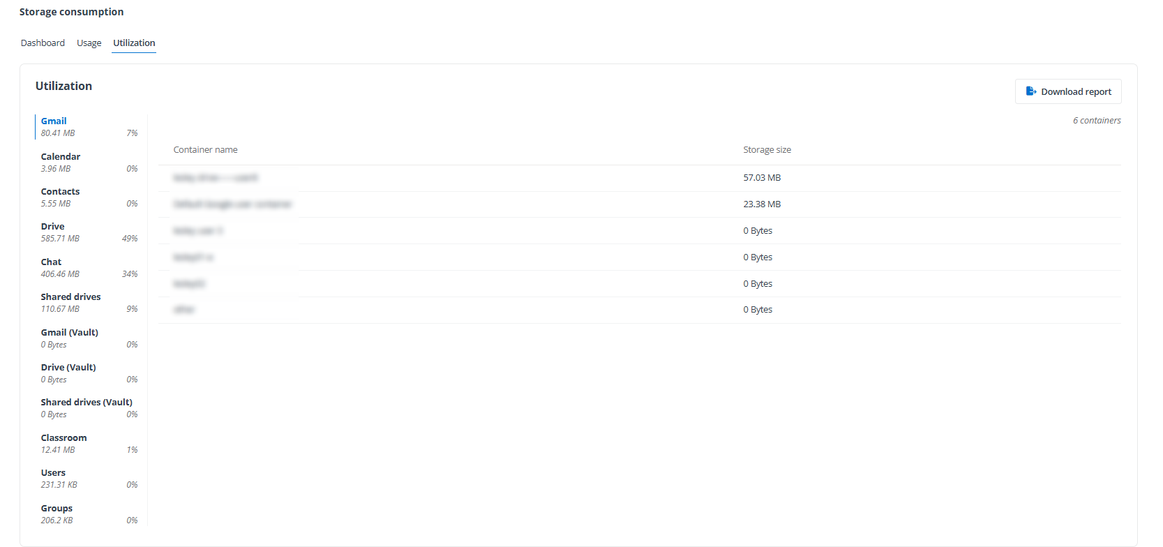 View reports under the Utilization tab on the Storage consumption page.