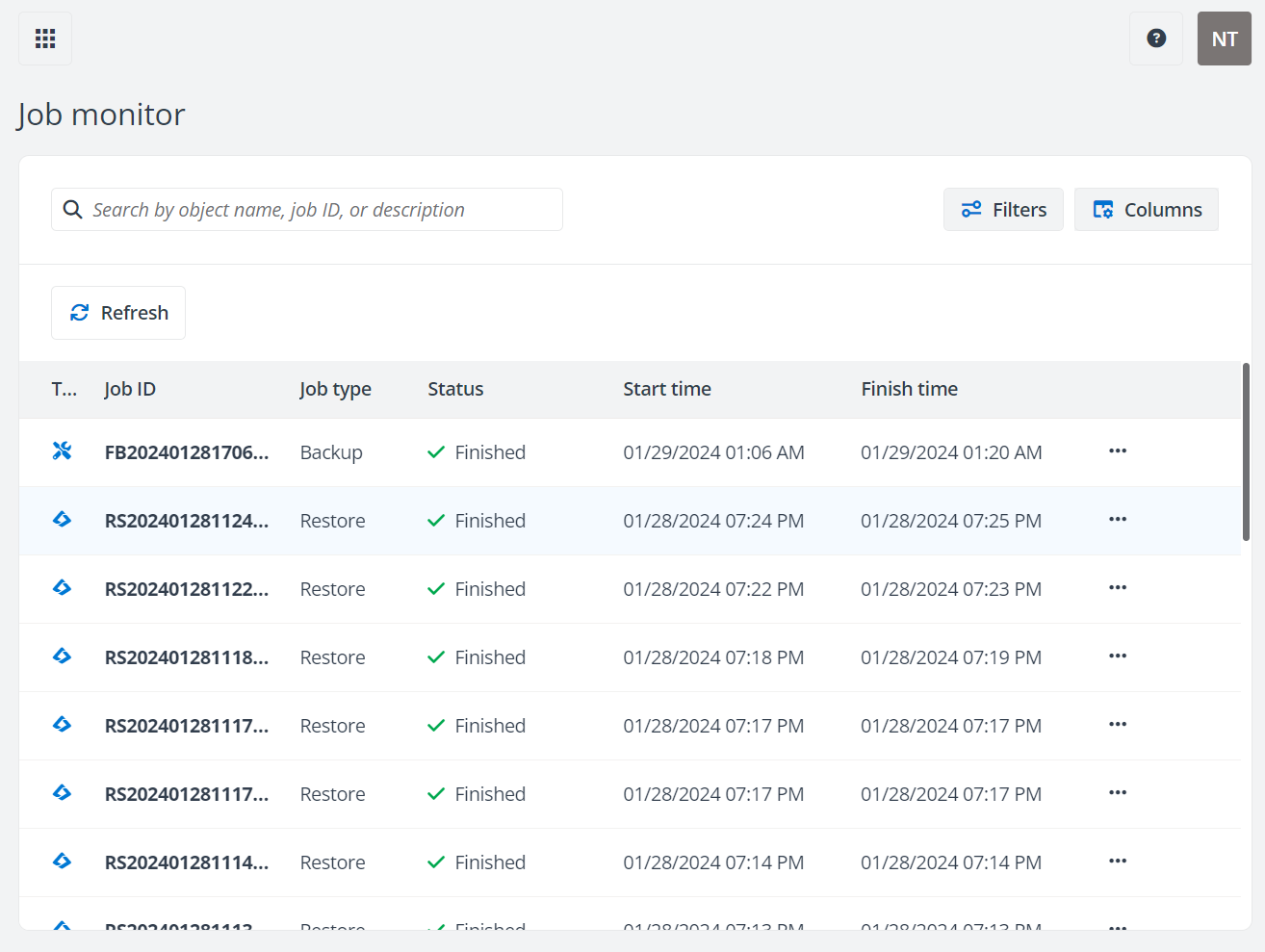 The Job monitor page,