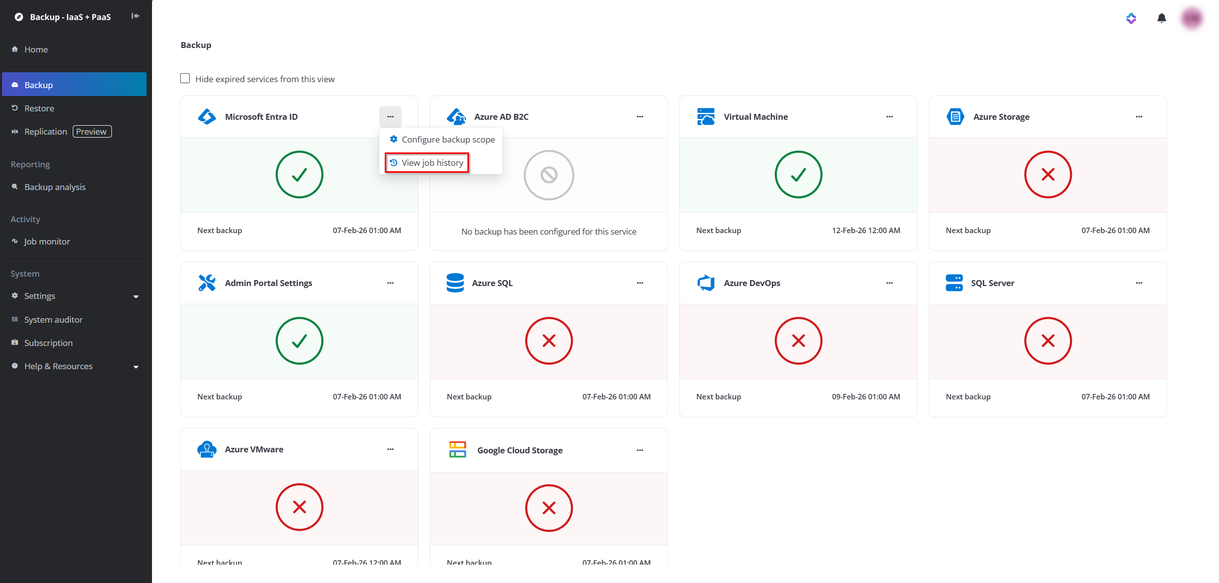 The View job history option.