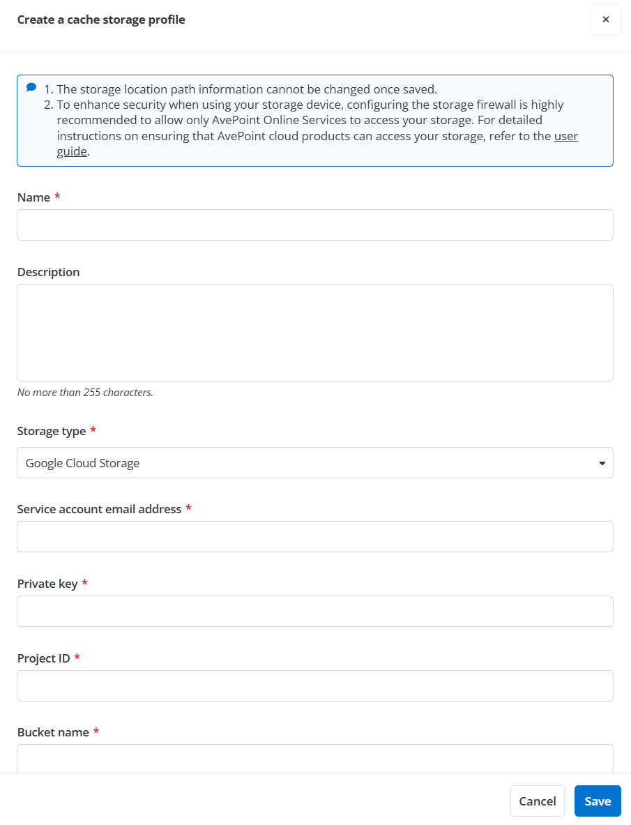 The Create a cache storage profile panel.