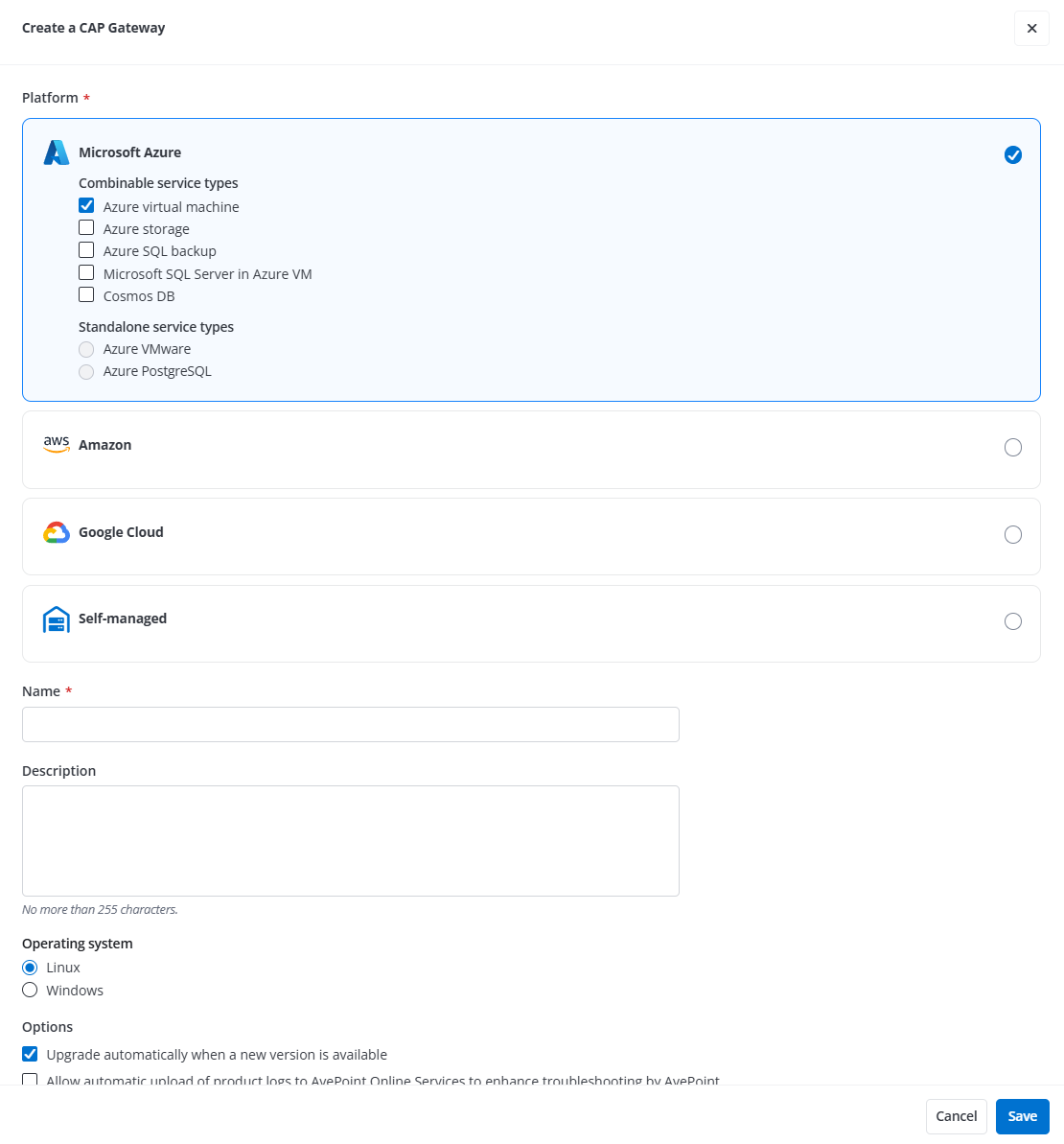 The Create a CAP Gateway panel.