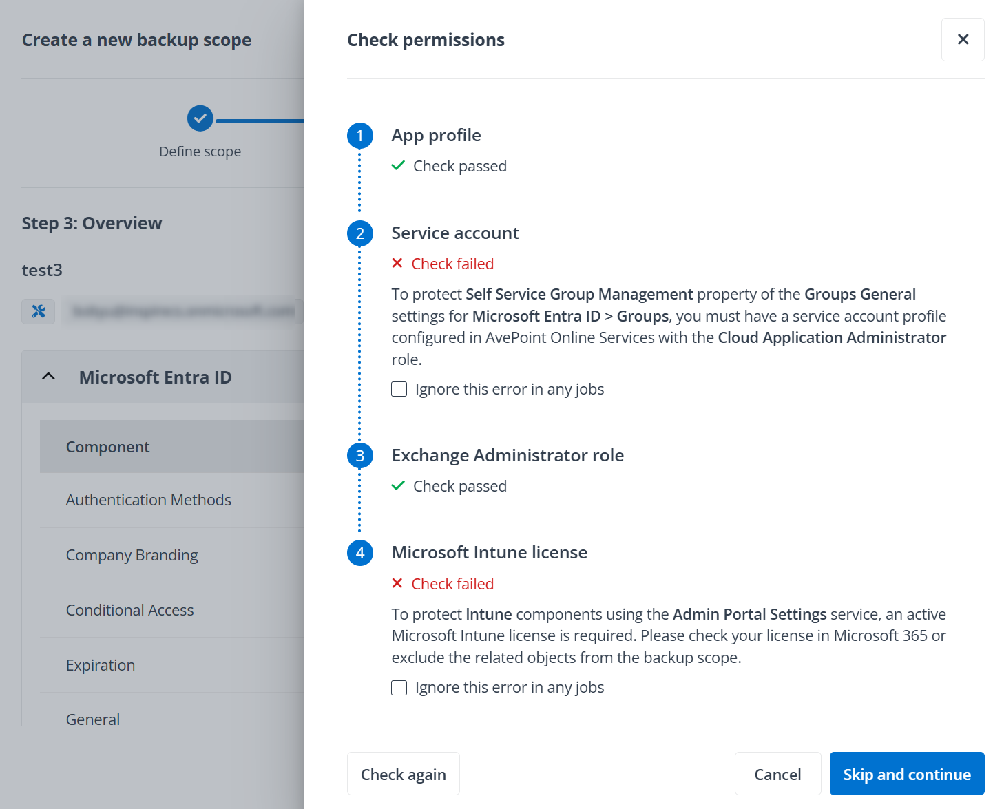 The Check permissions panel.