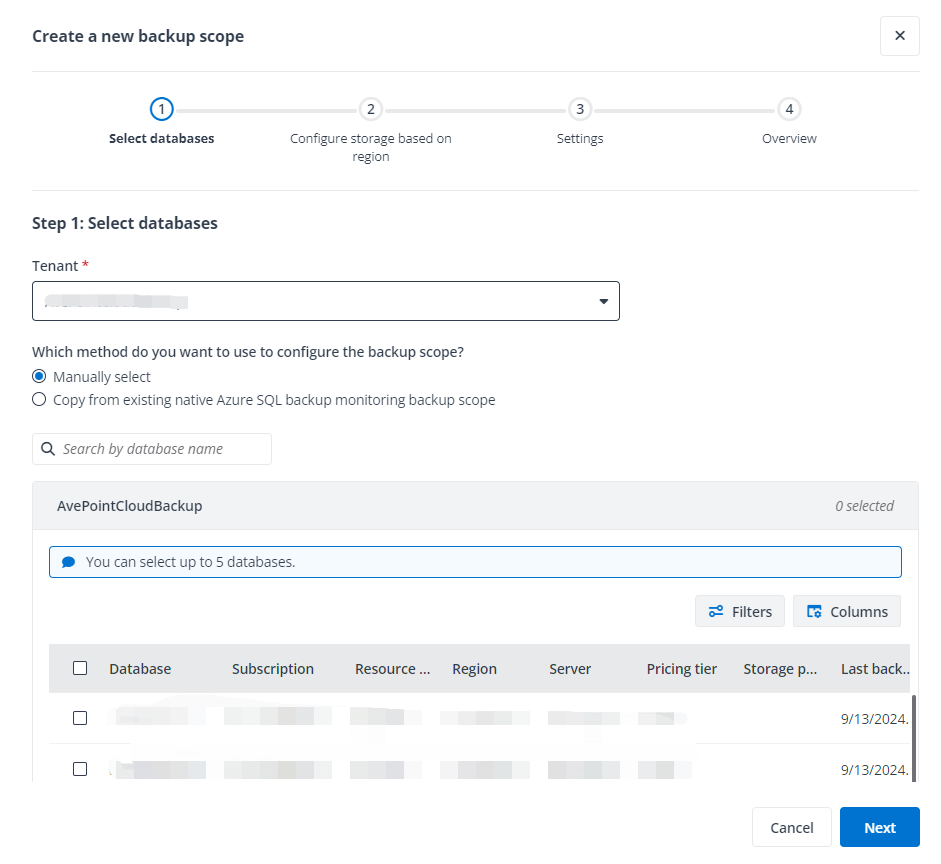 The Select databases step.
