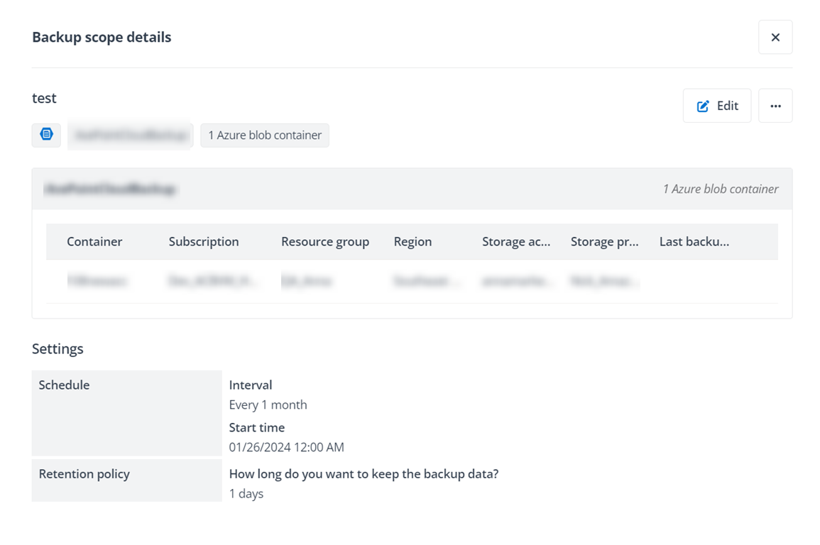 The Backup scope details panel for Azure Storage. The Backup scope details panel for Azure Storage.