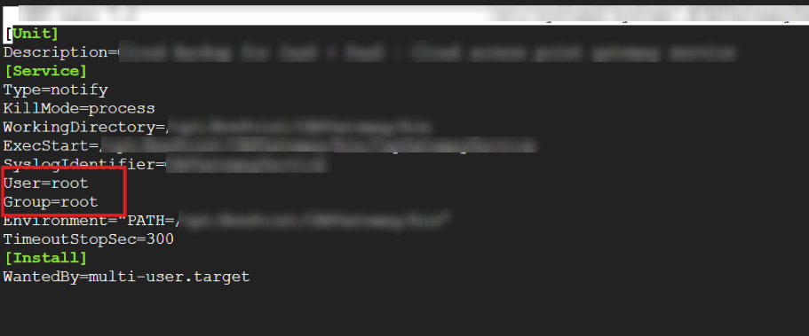 Update the value of User and Group to root.
