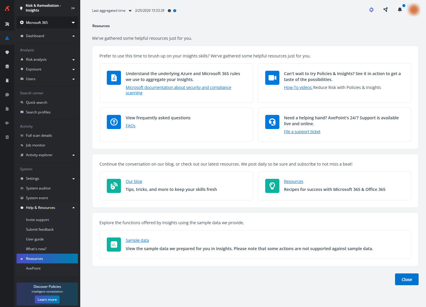 Resources page of Insights for Microsoft 365.