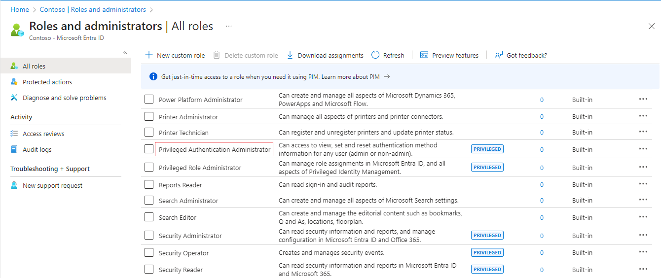 Clicking the Privileged Authentication Administrator role. 