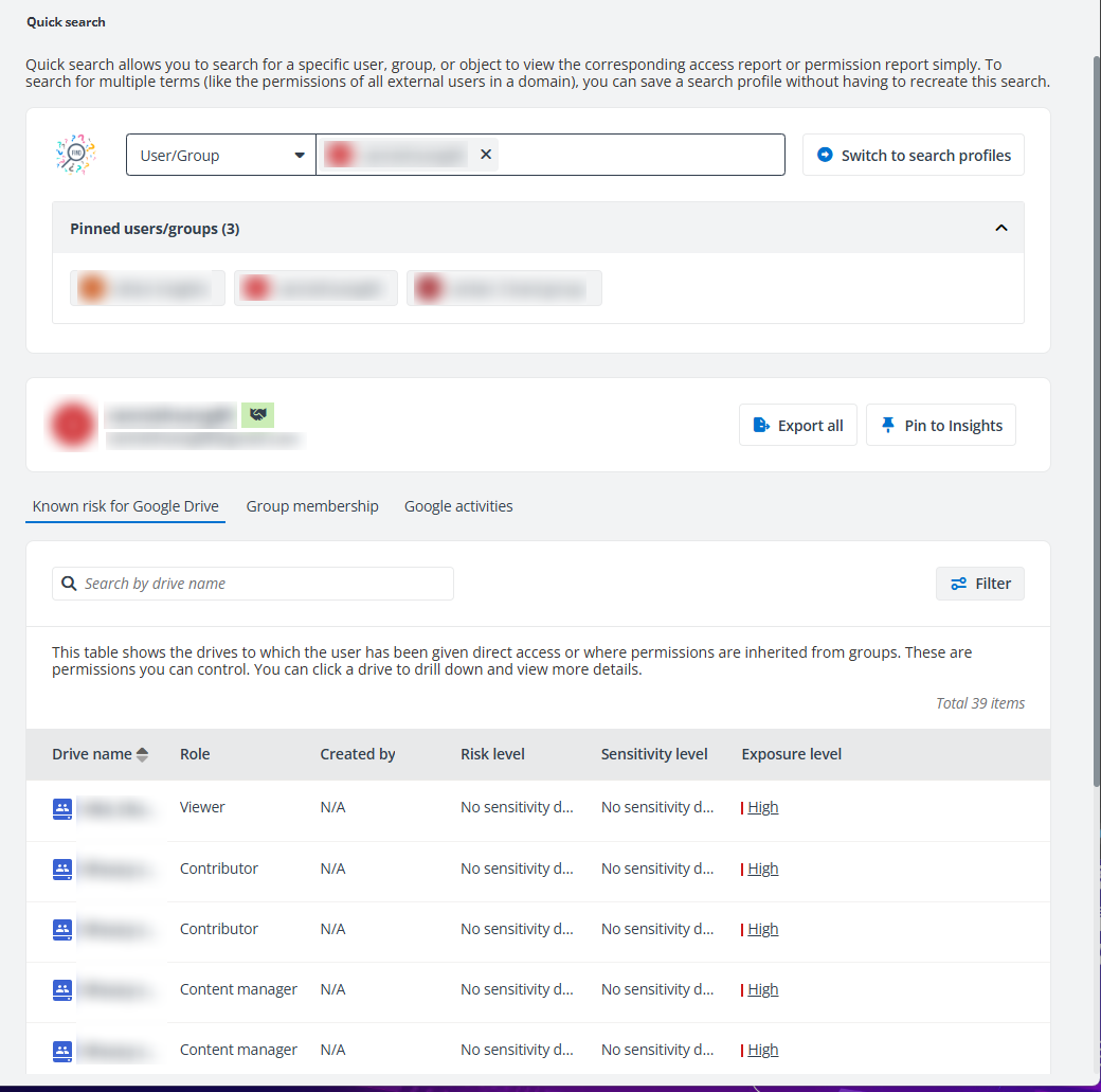 Quick search page of a user.