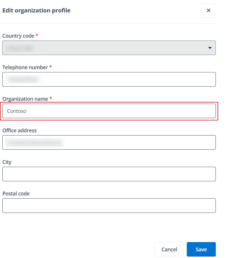 Edit organization profile panel.