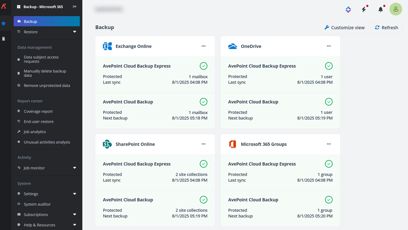 AvePoint Cloud Backup for Microsoft 365 with both AvePoint Cloud Backup subscription and AvePoint Cloud Backup Express subscription.
