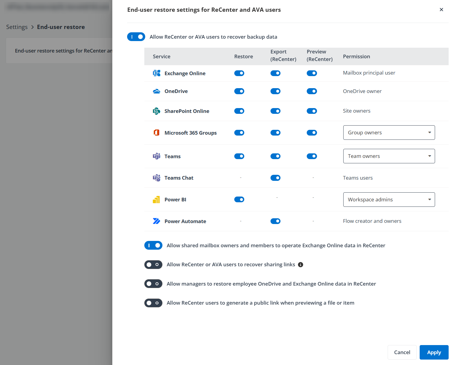 The Settings > End-user restore > End-user restore settings for ReCenter and AVA users page. The Settings > End-user restore > End-user restore settings for ReCenter and AVA users page.
