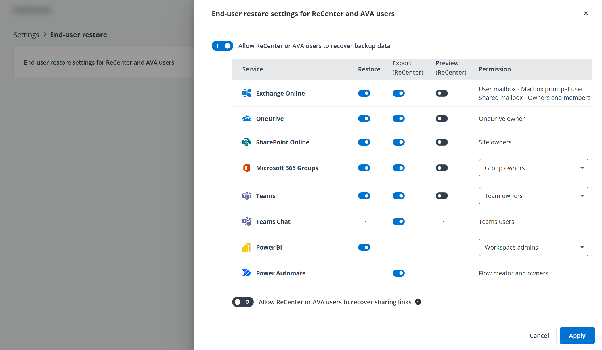 The Settings > End-user restore > End-user restore settings for ReCenter and AVA users page.