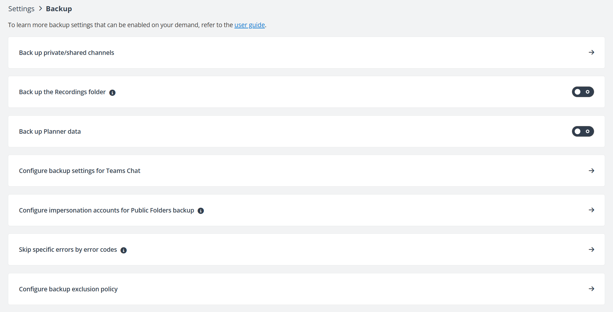 The Settings > Backup. The Settings > Backup.
