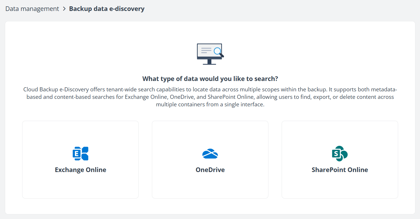 The Backup data e-discovery page.