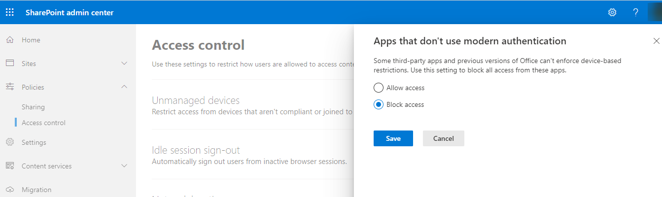 The Access control settings for the apps that don't use modern authentication. The Access control settings for the apps that don't use modern authentication.